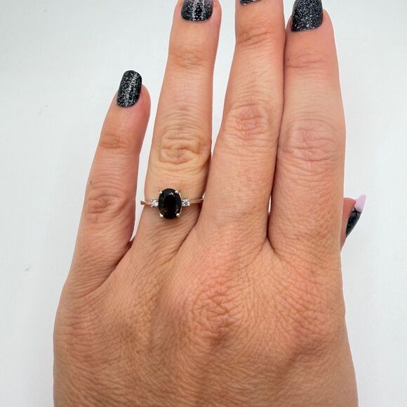NWOT 8x6mm oval cut smoky quartz w/ two accent cz diamonds in 925 ring! - Picture 4 of 13